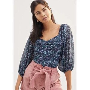 Anthropologie Hutch Women's Blue Boho Chic Puff Sleeve Dainty Medley Blouse‎ SM